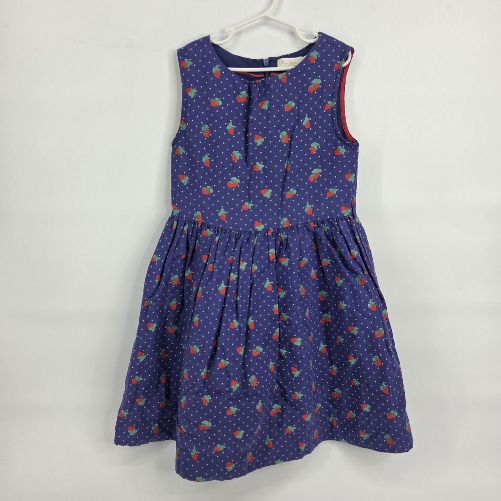 Mini Boden Dress 9-10Y Blue Strawberry Polka Dot Cottagecore Whimsical Linen